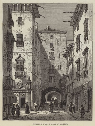 Sketches in Spain, a Street of Barcelona by Samuel Read